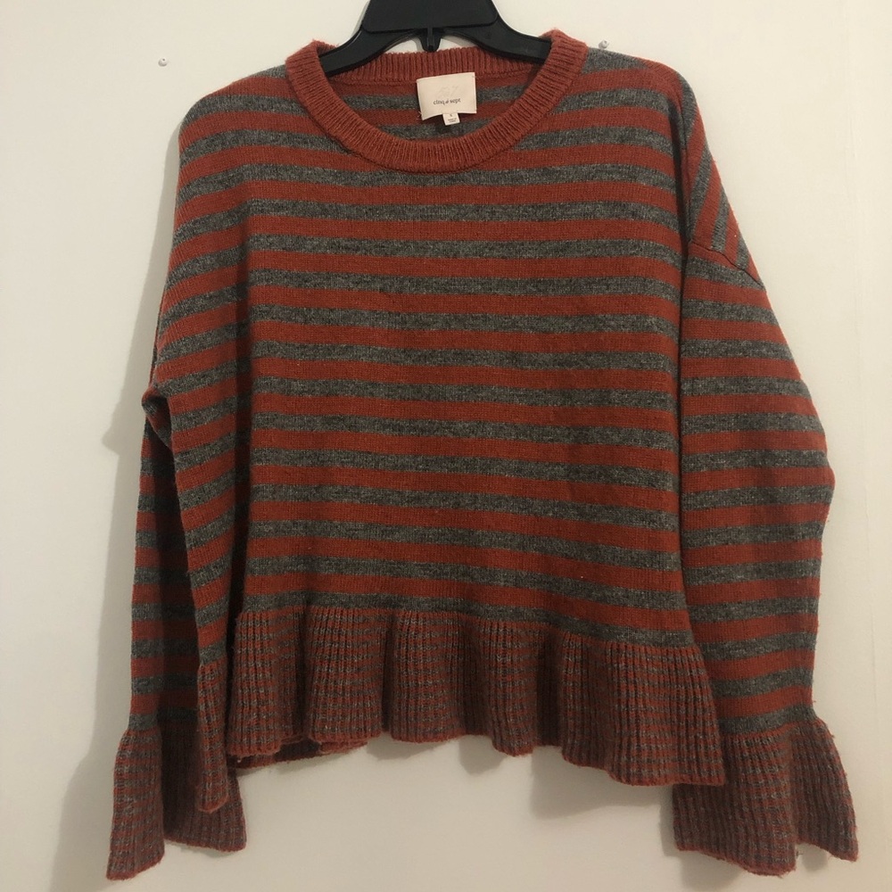 Cinq a Sept Orange and Gray Crew Neck Sweater with Stripes
